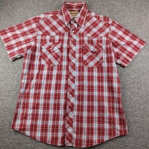 Wrangler Pearl Snap Shirt Mens Large Red Blue Plaid Short Sleeve Lightweight